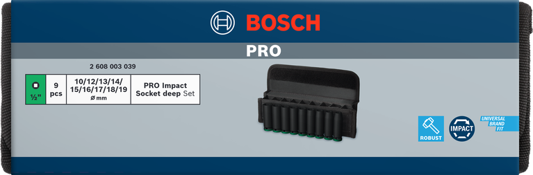 Conjunto de soquetes de impacto Bosch PRO de 1/2″ de profundidade, 9 peças.